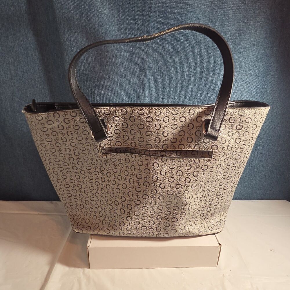 Guess Los Angeles Monogram Tote Bag Gray Black Shoulder Purse - Picture 12 of 16